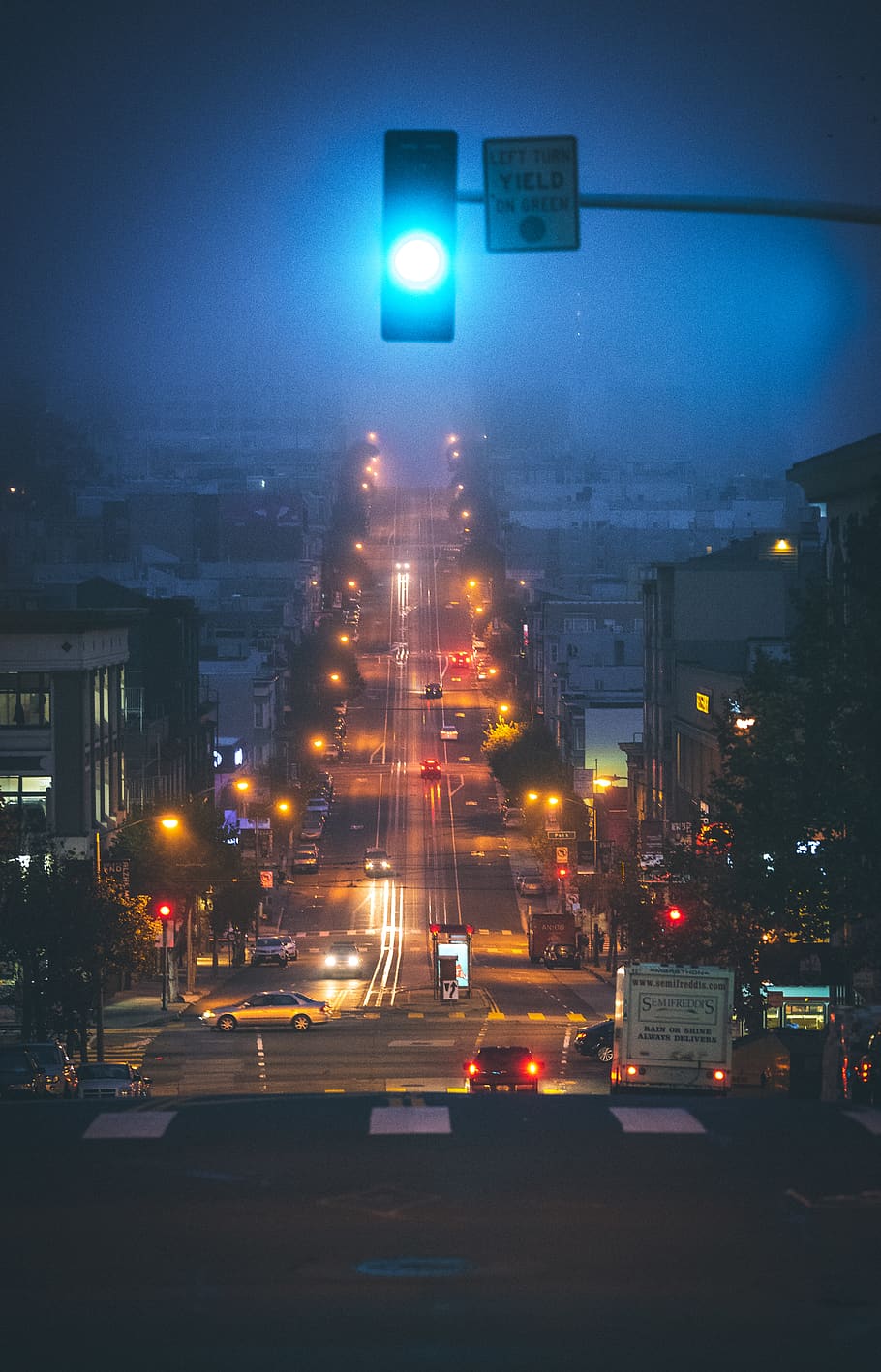 traffic light at blue, town, metropolis, urban, building, city HD wallpaper