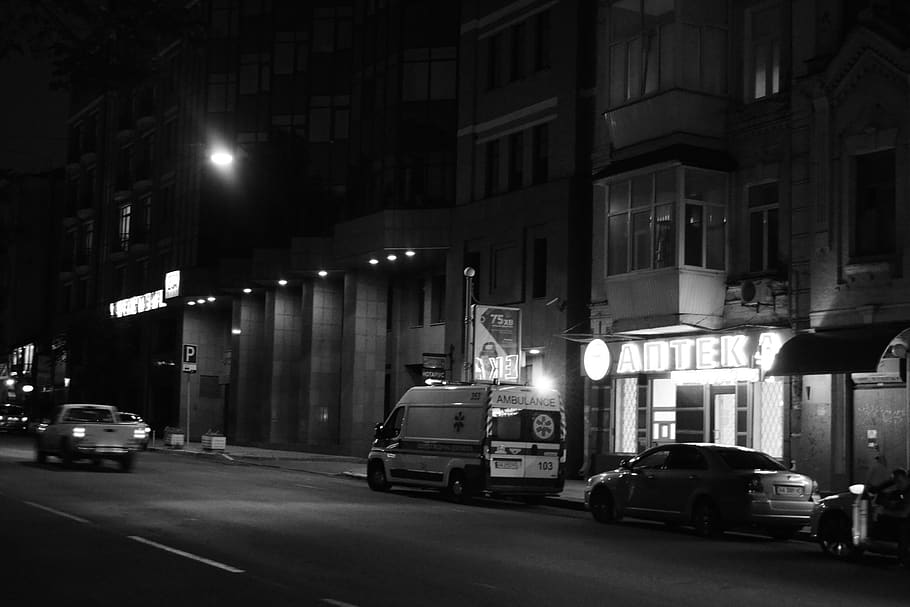ambulance, kyiv, street, night, black and white, medical, drugstore