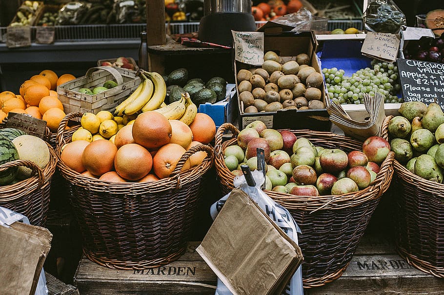 Variety of Fruits, apples, baskets, crate, fresh, healthy, market HD wallpaper