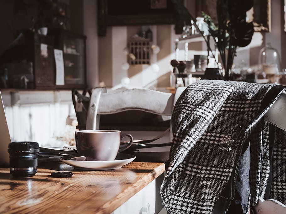 gray teacup on top saucer, table, coffee, jacket, shop, interior HD wallpaper