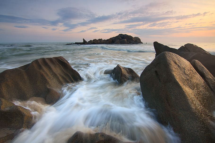 Flowing River and Sea Stream, beach, clouds, dawn, motion, ocean HD wallpaper