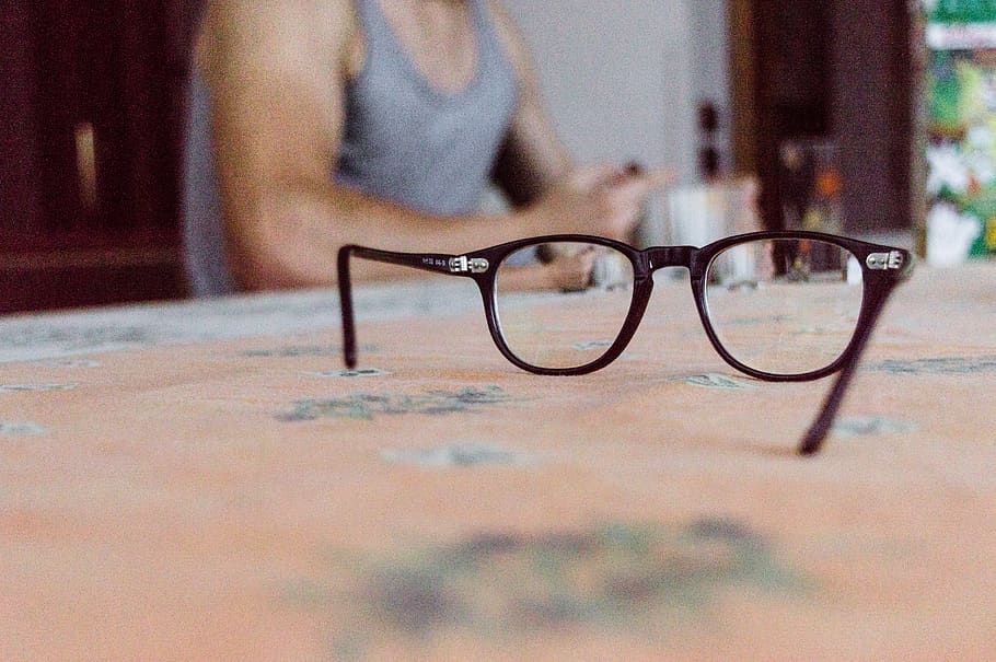 wayfarer eyeglasses with black frames, eyewear, table, focus HD wallpaper