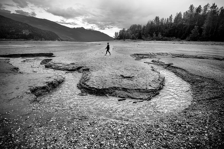 winding river, stream, walking, person, black and white, clouds HD wallpaper