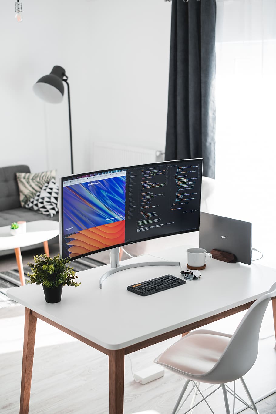 turned-on flat screen TV, table, computer, technology, indoors HD wallpaper