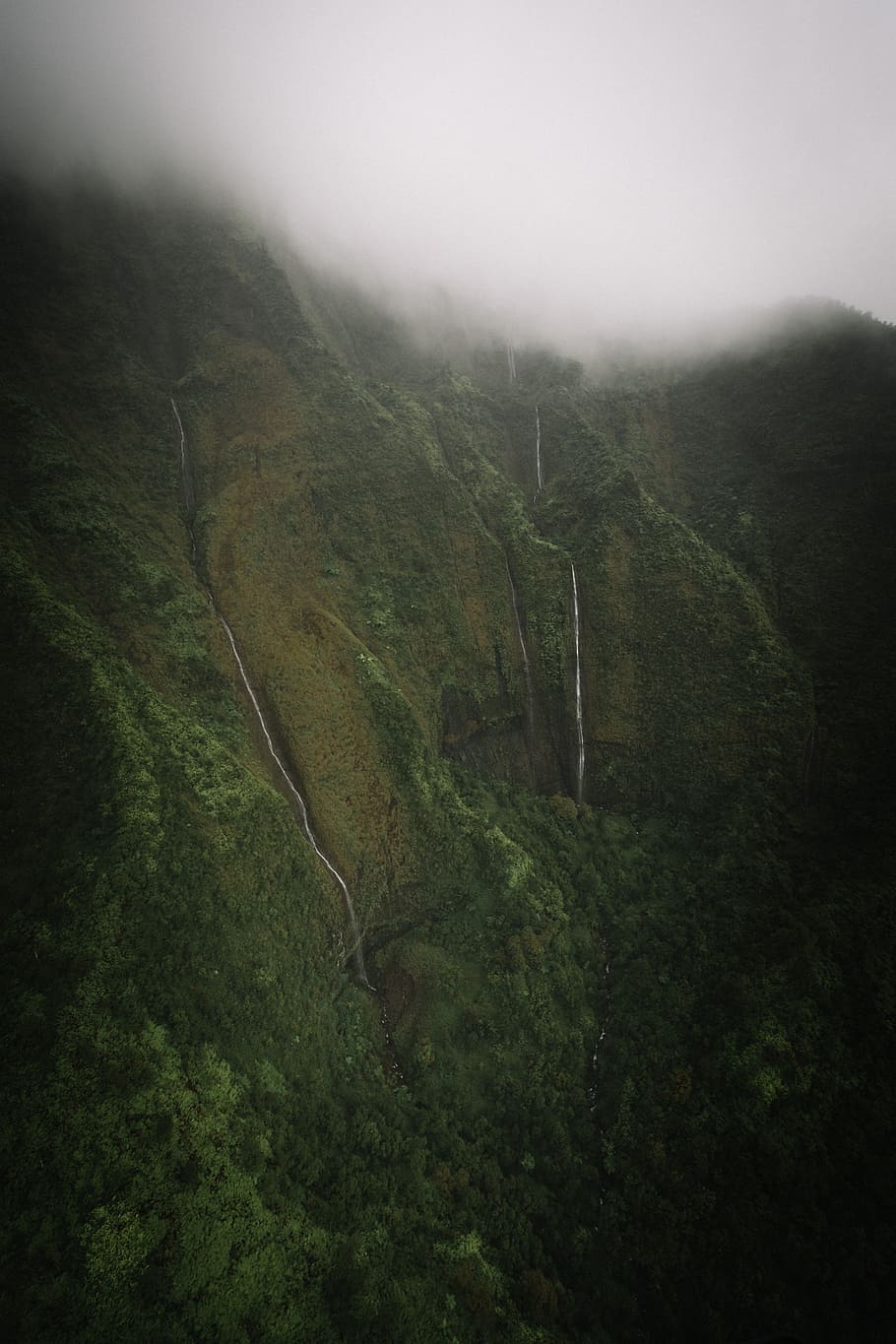 white clouds, mountain, waterfall, green, mist, fog, forest, woodland HD wallpaper