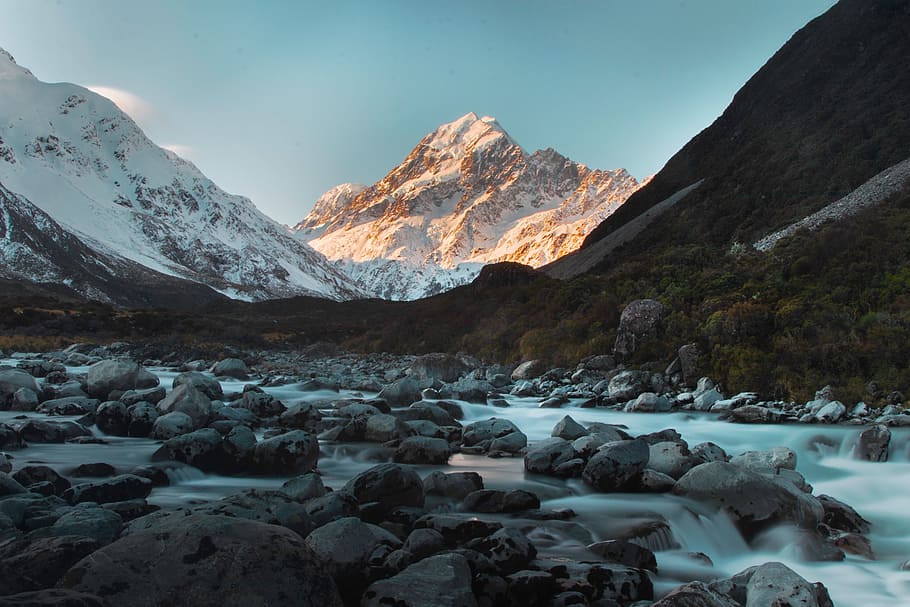 rocking mountain during daytime, stream, water, sunrise, sunset HD wallpaper