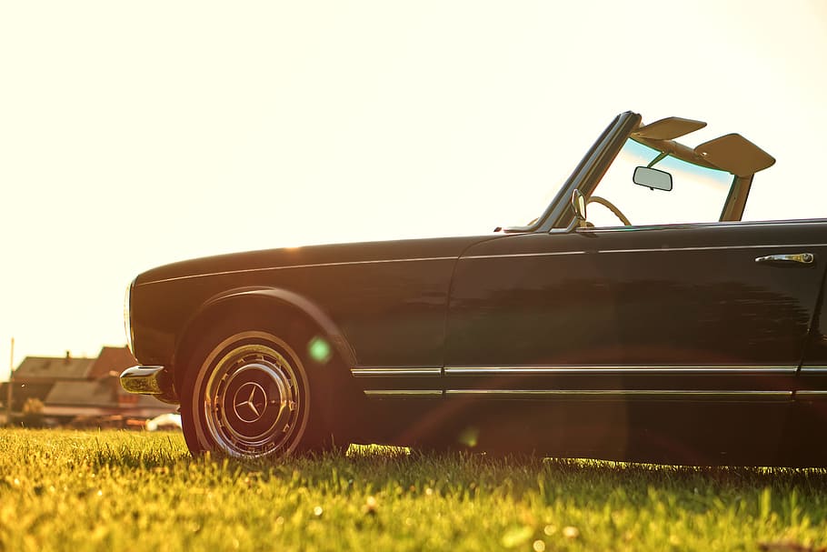 black Mercedes-Benz convertible car parked on grass field, oldtimer, HD wallpaper