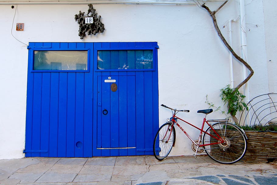 spain, cadaqués, door, blue, bicycle, number, architecture HD wallpaper