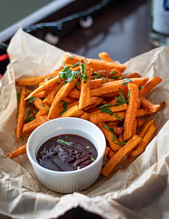 French Fries With Dipping Sauce, blur, close-up, crispy, delicious HD wallpaper