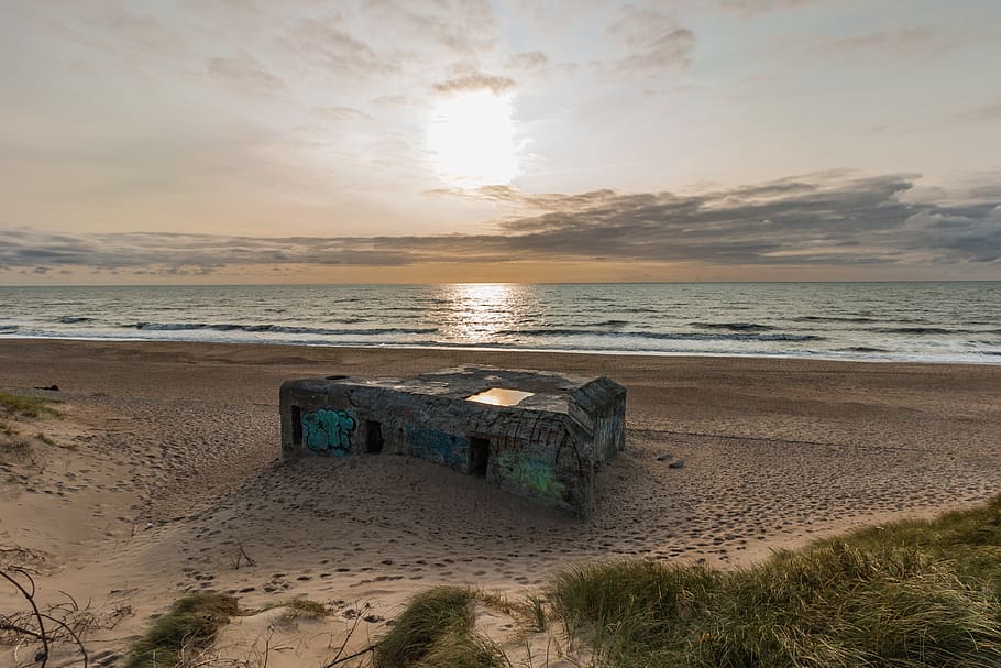 bunker, war, beach, north sea, nature, blue, ocean, sand beach HD wallpaper