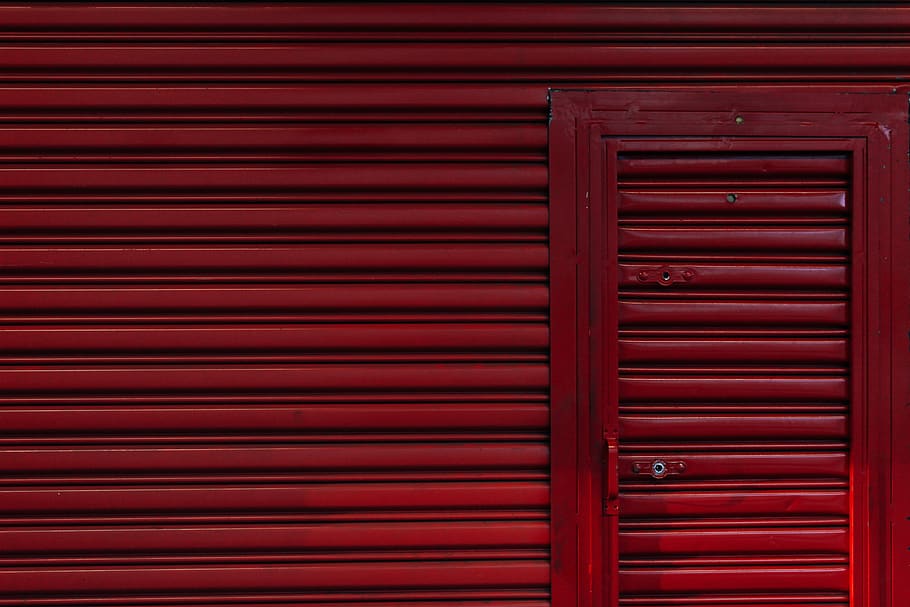 red door shutter, closed, entrance, backgrounds, safety, pattern, HD wallpaper