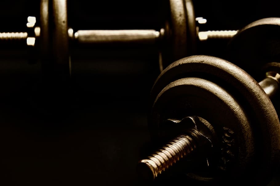 iron, array, dumbbell, training, dark room, close-up, no people HD wallpaper