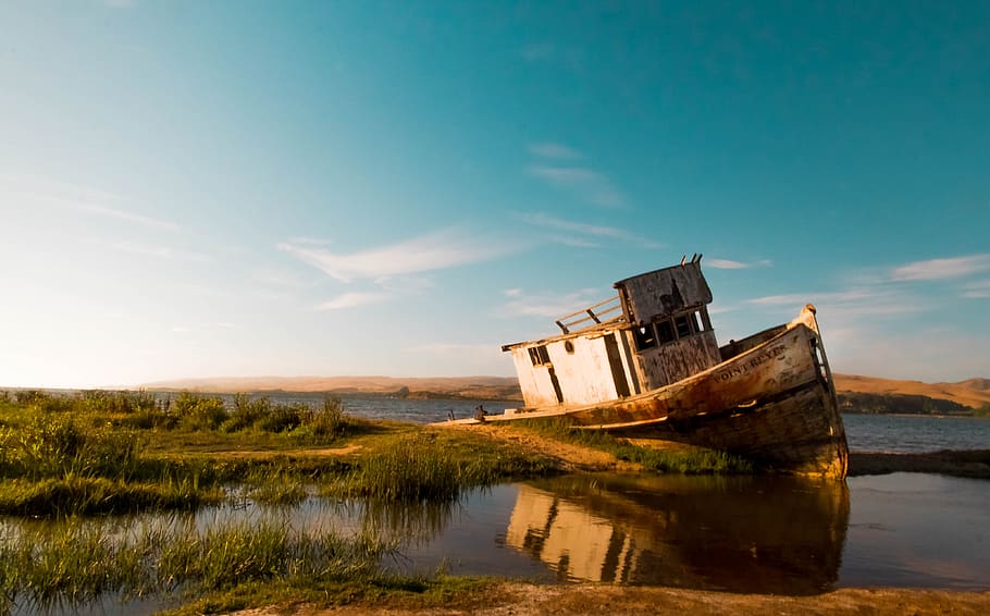 abandoned boat on body of water, inverness, point reyes shipwrecks