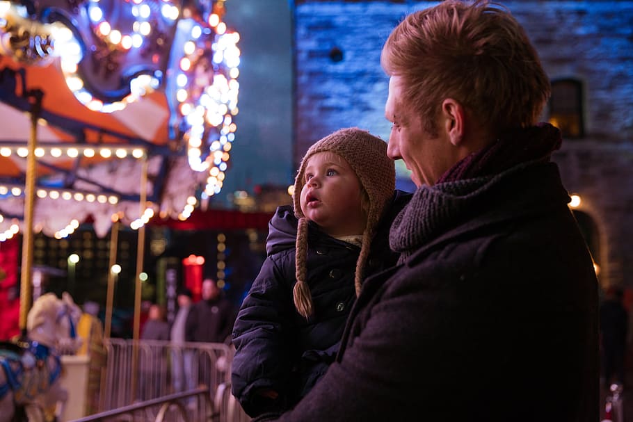 Father And Daughter Watching Lights Photo, Baby, Family, Christmas