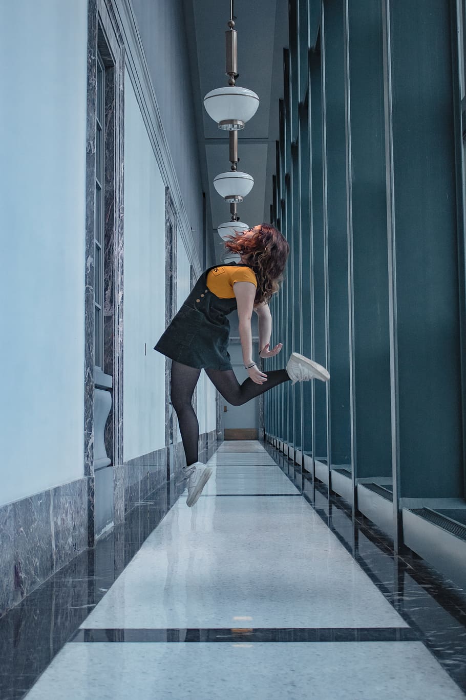selective color photo of woman jumping in the corridor, architecture, HD wallpaper