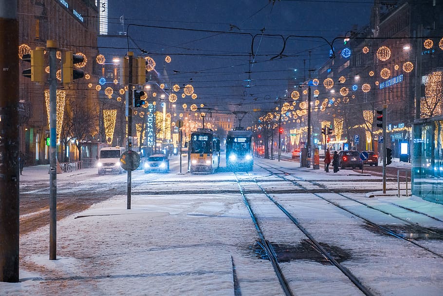 two trams with lights on, city, architecture, illuminated, building exterior HD wallpaper