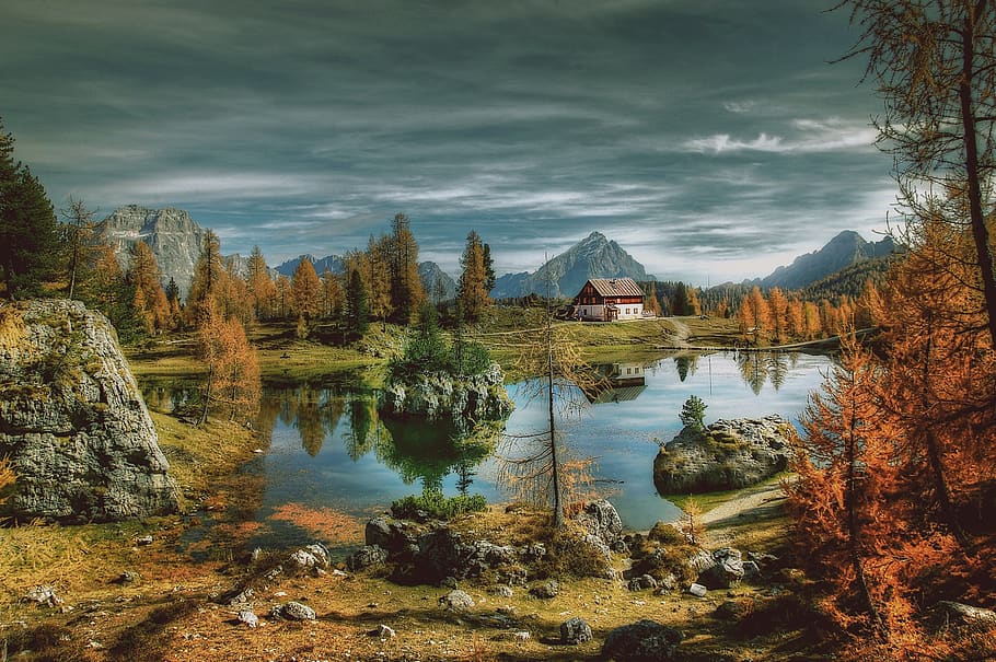 autumn, lago federa, sky, dolomites, landscape, nature, alpine, HD wallpaper