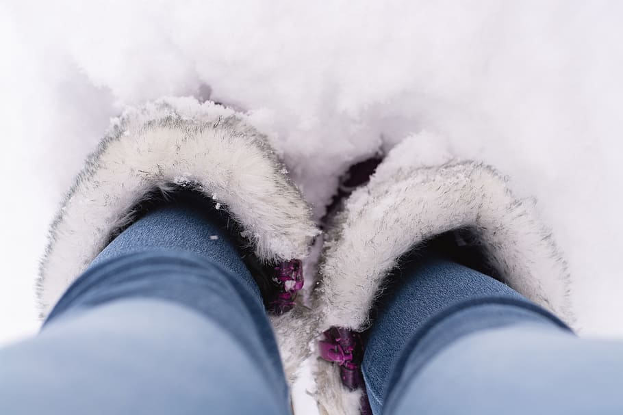 snow, winter, stand, shoes, feet, legs, boots, jeans, bird's eye view HD wallpaper