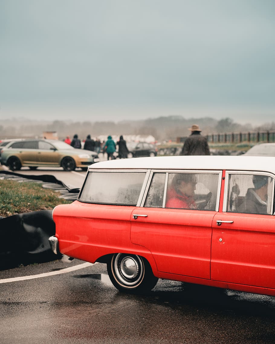 people inside red station wagon, human, person, wheel, machine HD wallpaper