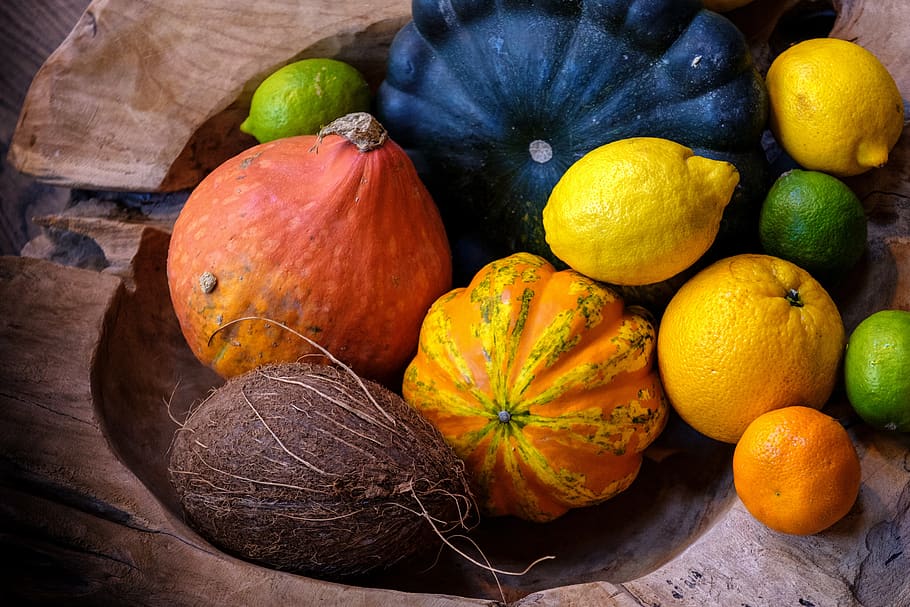 style bite, lemon, orange, coconut, autumn, vegetables, deco HD wallpaper