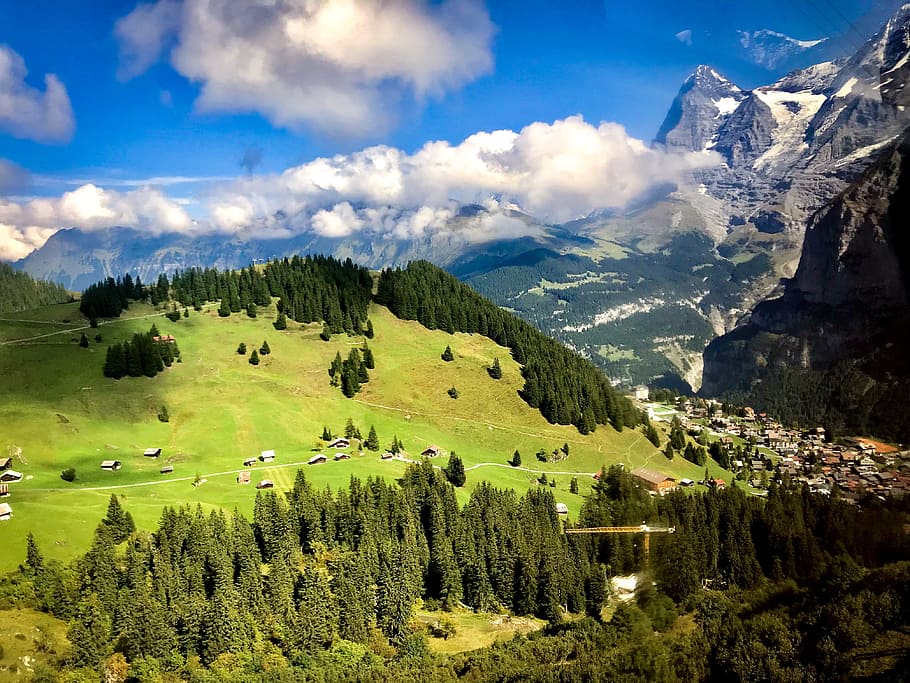 Town in Mountain With Green Trees, clouds, daylight, forest, grass HD wallpaper