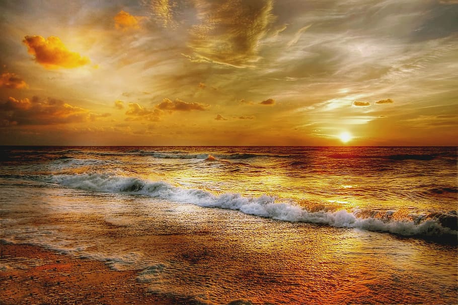 henne strand, sun, denmark, sunset, sand, sky, beach, sea, wave HD wallpaper