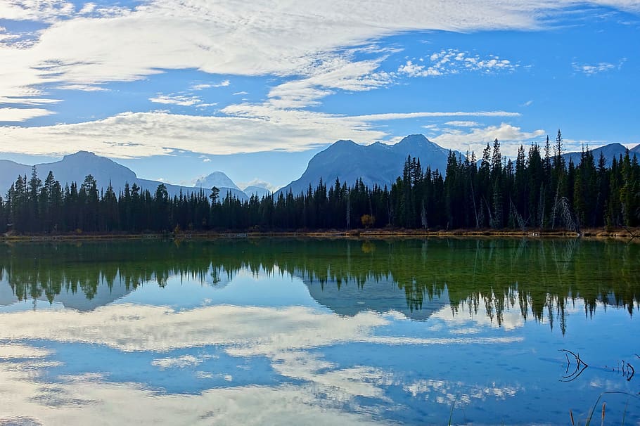 reflection, lake, mountains, landscape, nature, mood, evening HD wallpaper