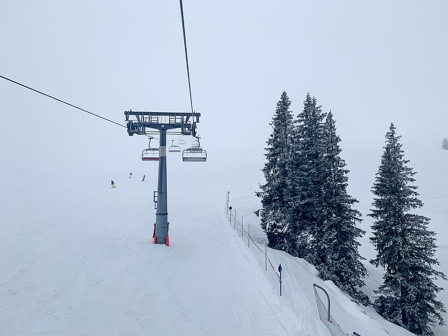 two white cable cars, snow, winter, cold temperature, tree, ski lift HD wallpaper