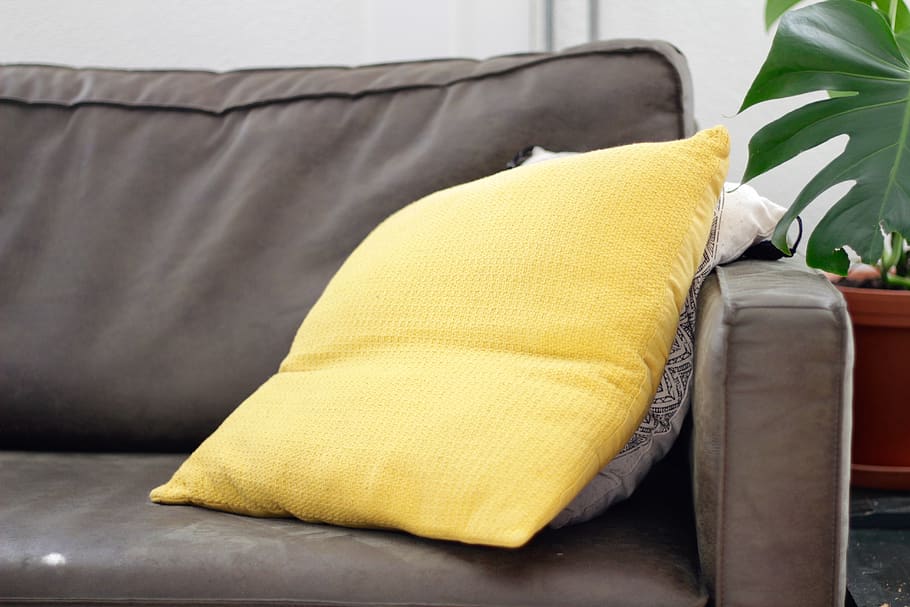 yellow throw pillow, cushion, couch, furniture, home decor, linen HD wallpaper
