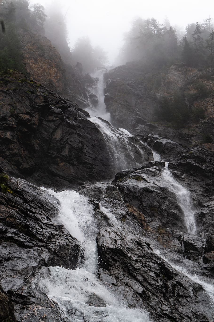 Waterfalls, cascade, daylight, environment, fog, foggy, france HD wallpaper