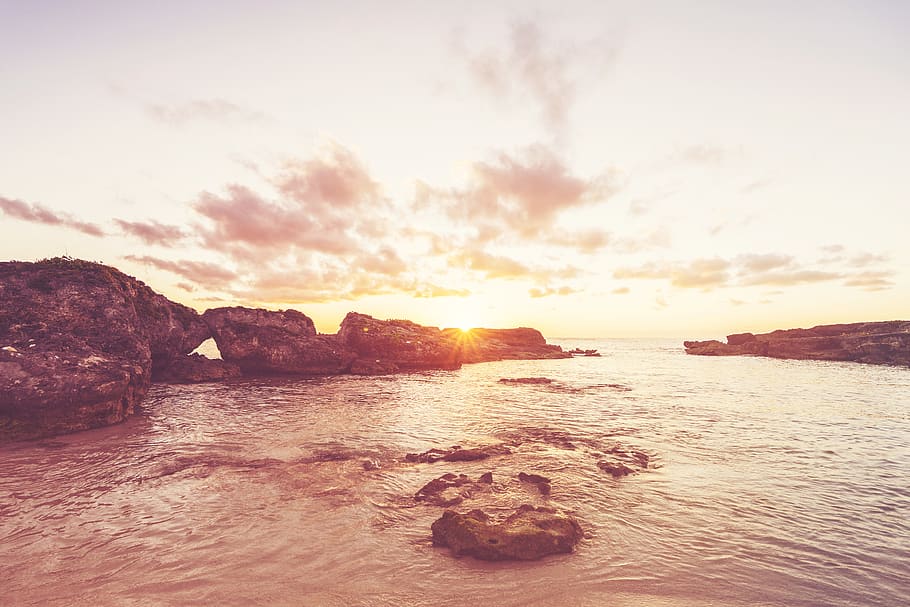 Golden Hour Photography of Body of Water, beach, clouds, dawn HD wallpaper