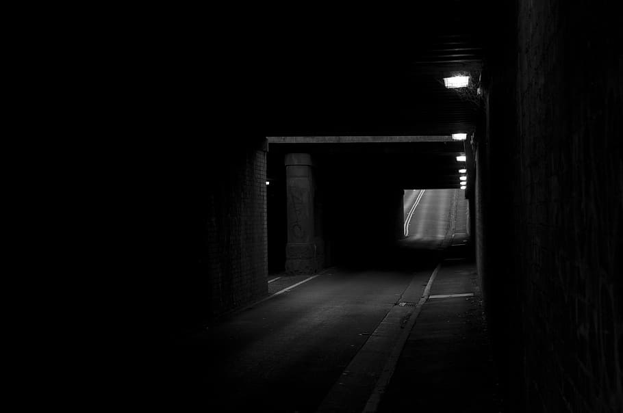 tunnel, dark, light, monochrome, shadow, street, mystery, empty, HD wallpaper