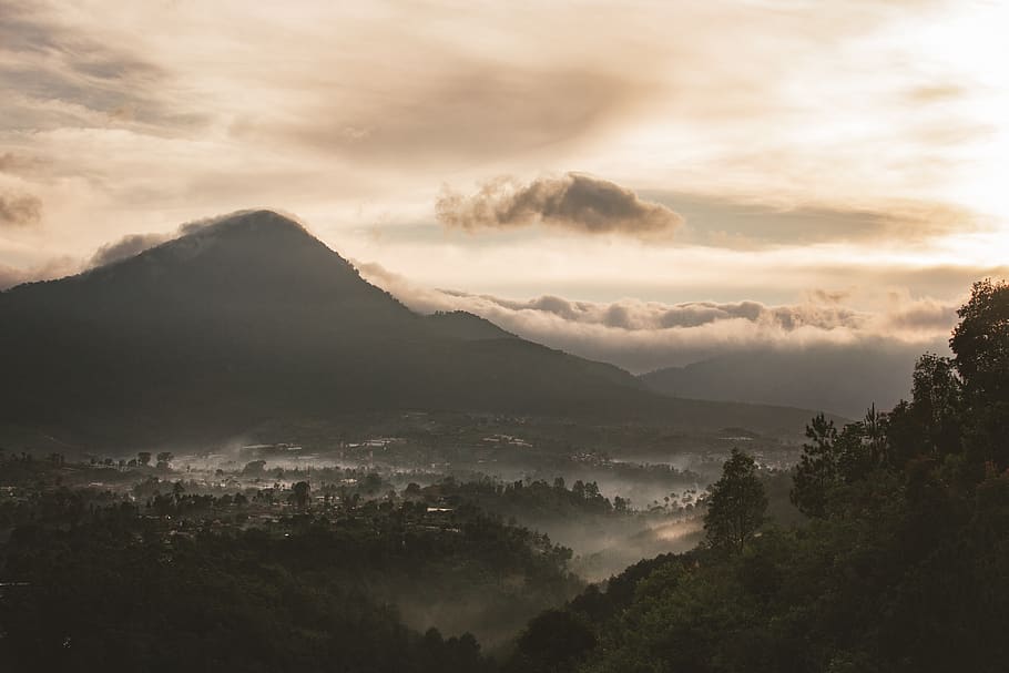 indonesia, bandung, mountain, trees, sunrise, cloud, beauty in nature, HD wallpaper