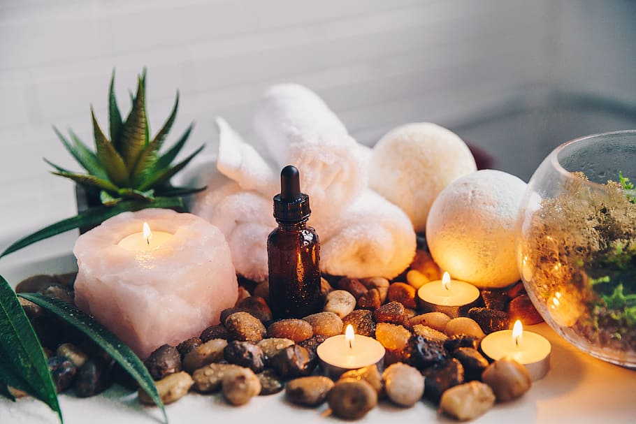 Candles Glow With Spa Decor Photo, Relax, Rocks, Plants, indoors