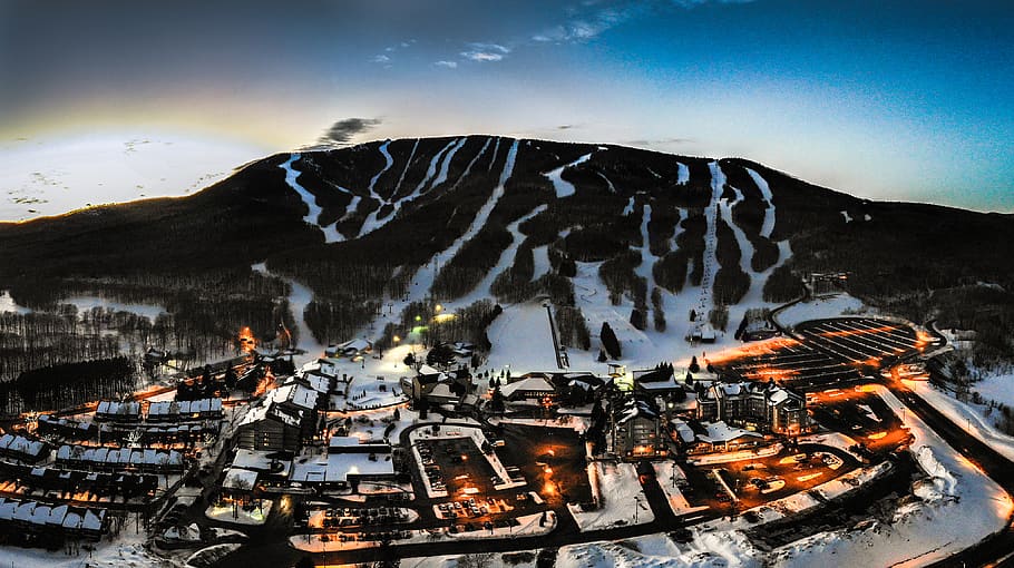 trees, lake, mountain, ski, dji, drone, building exterior, architecture HD wallpaper
