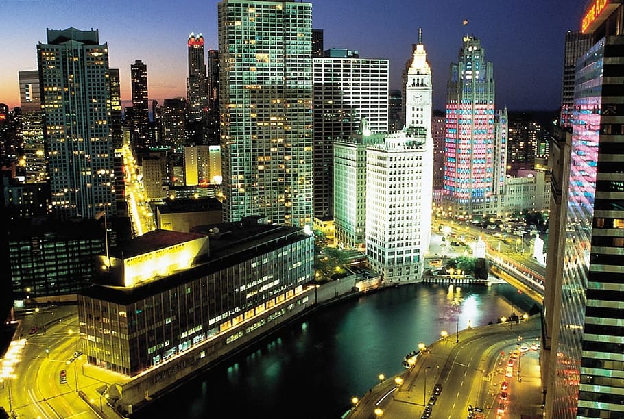 city, chicago, construction, architecture, urban, night, building exterior HD wallpaper