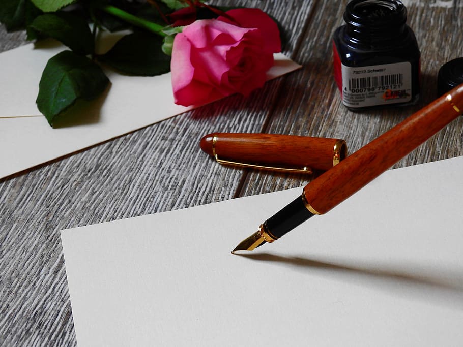 Red Fountain Pen on White Paper, blur, composition, desk, flower HD wallpaper