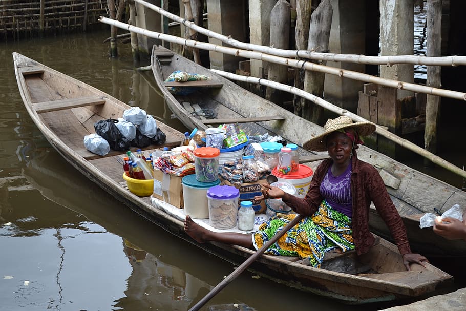 woman, africa, portrait, canoe, saleswoman, market, food, lake