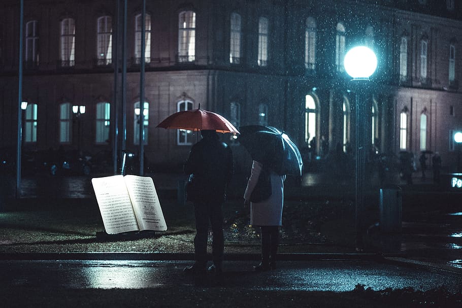 two persons under umbrella, human, lighting, germany, stuttgart HD wallpaper