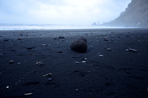 iceland, vik, spooky, beach, black sandy beach, stone, mystery HD wallpaper