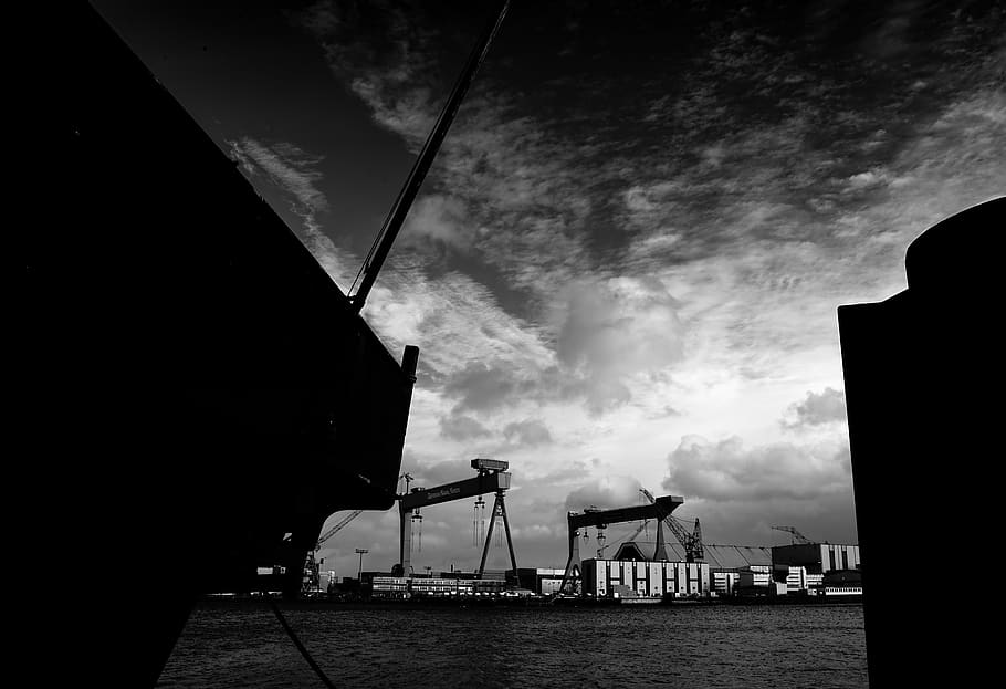 construction crane, water, waterfront, dock, port, pier, sony, HD wallpaper