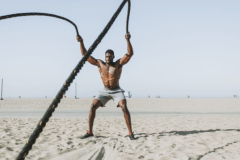 man, male, rope, workout, fitness, exercise, beach, sand, outdoors