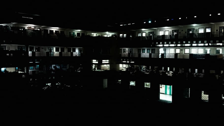 black, night, building, illuminated, reflection, architecture HD wallpaper