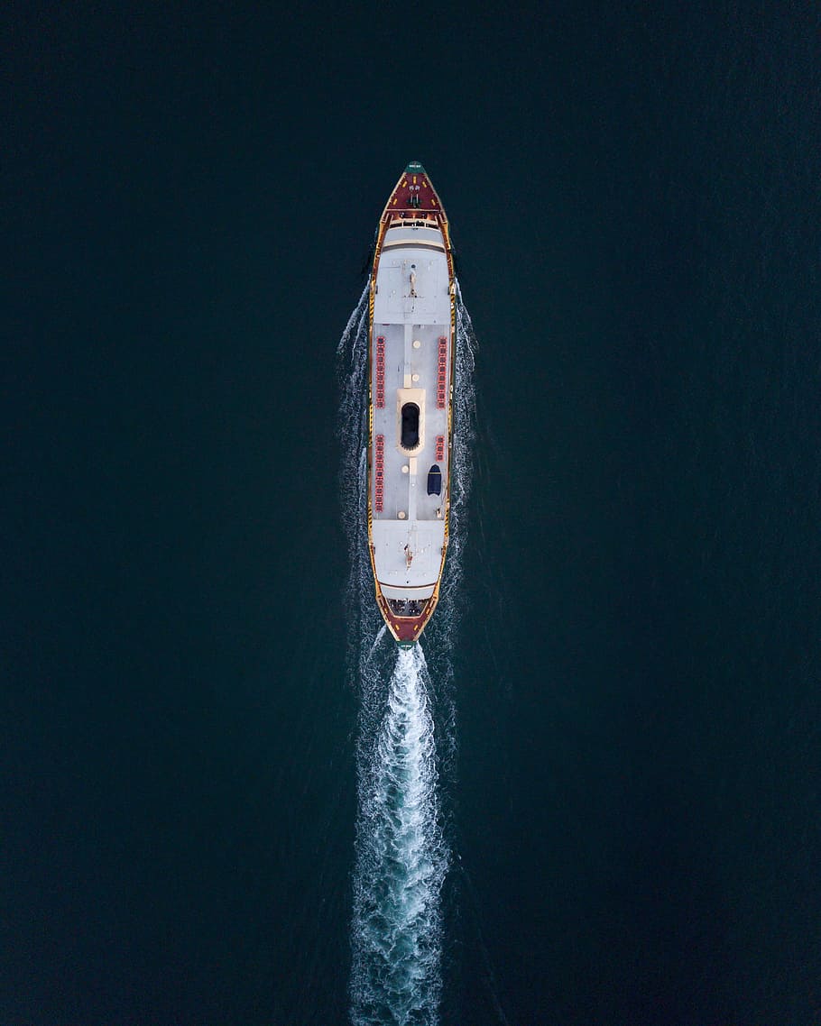 red and white ship on sea, drone view, aerial view, boat, ferry