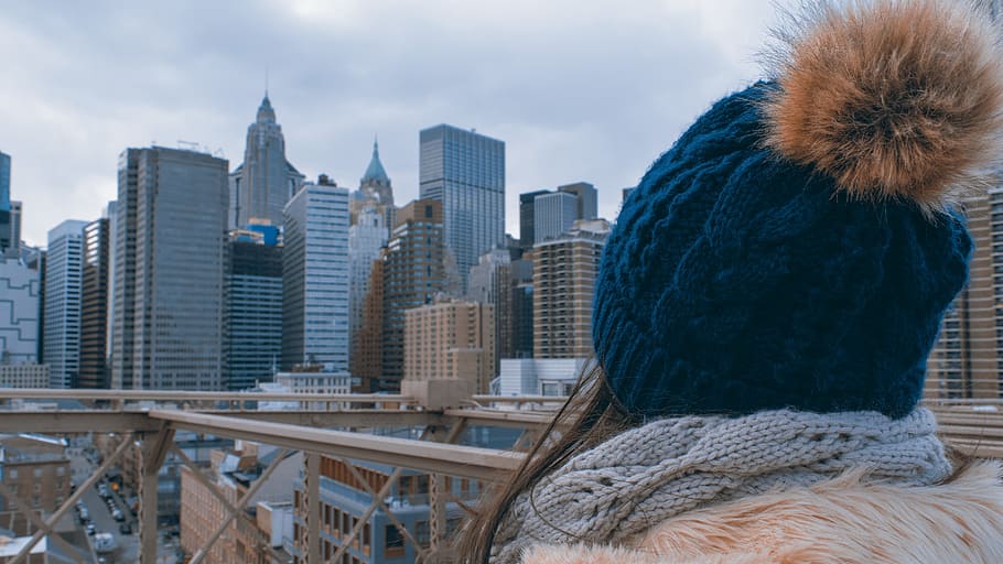 Woman Wearing Bobble Hat Staring at High-rise Buildings, architecture HD wallpaper