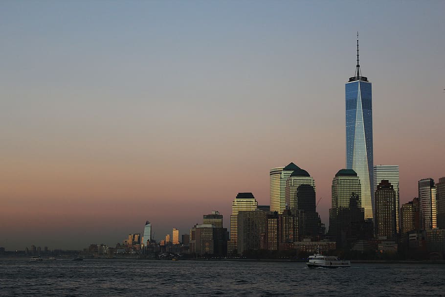 new york, united states, lower manhattan, sunset, skyline, violet, HD wallpaper