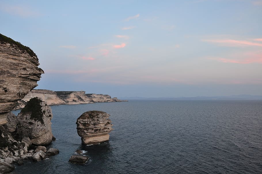 france, bonifacio, cliff, sea, mediterranean, sunset, water, HD wallpaper