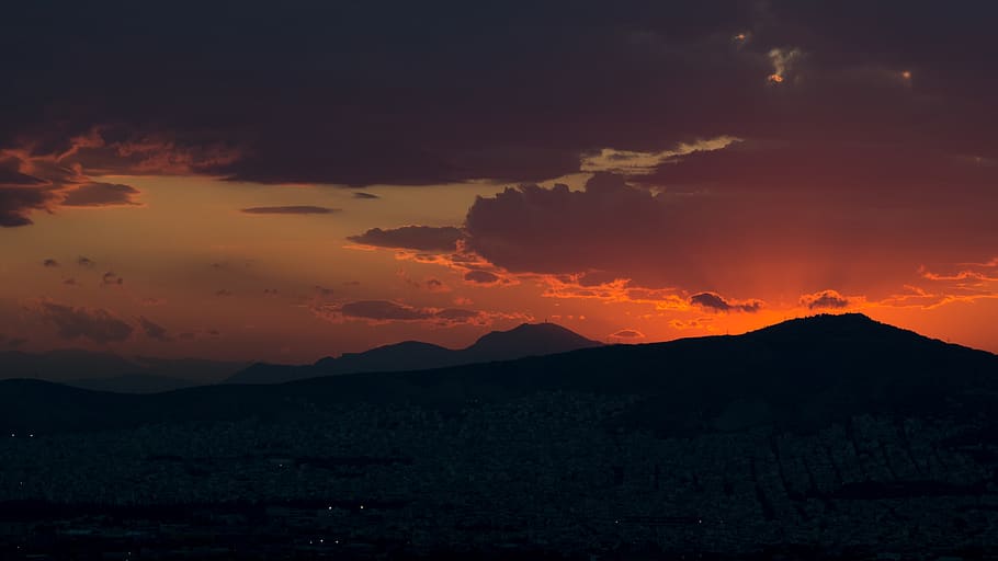 sun, sunset, clouds, sky, dark, colours, orange, blue, black HD wallpaper