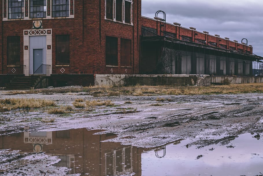 asphalt road, puddle, building, clock tower, architecture, nature HD wallpaper