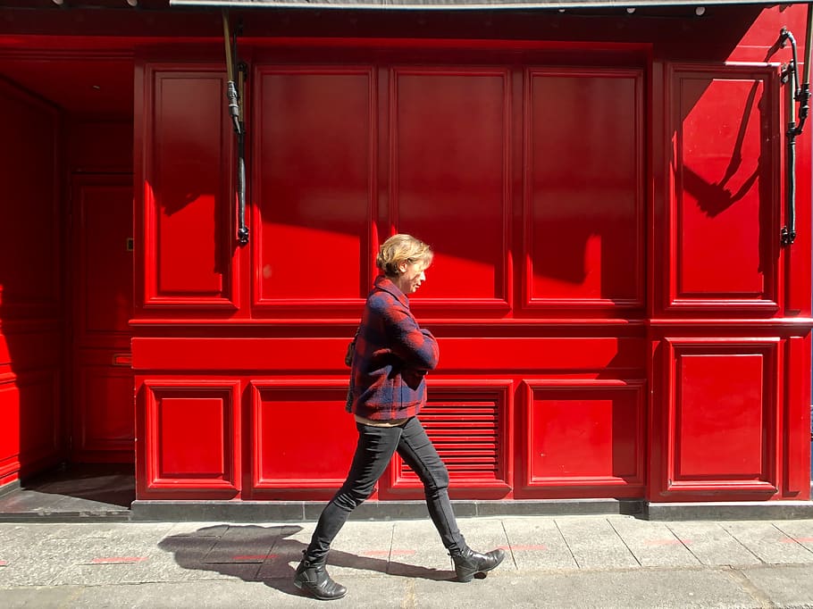 red, full length, one person, entrance, architecture, door HD wallpaper